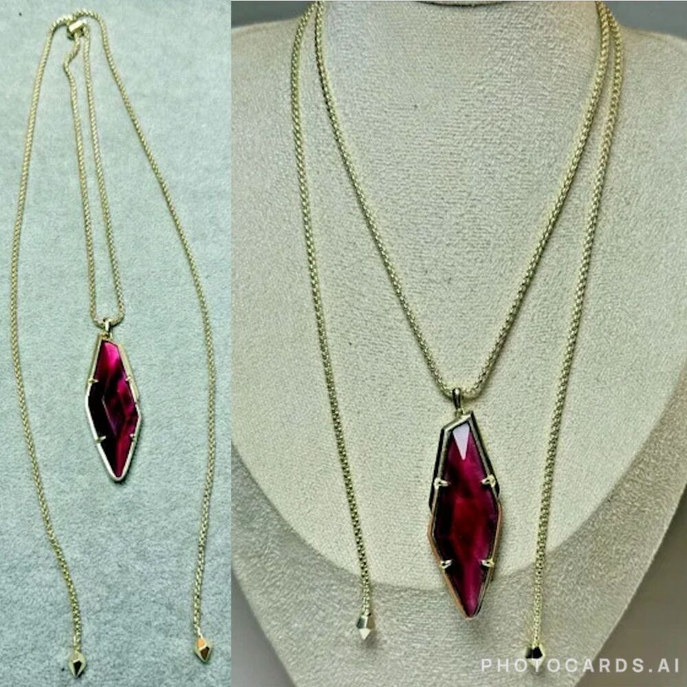NWOT Kendra Scott Damon Gold Necklace Maroon Jade - Picture 8 of 16